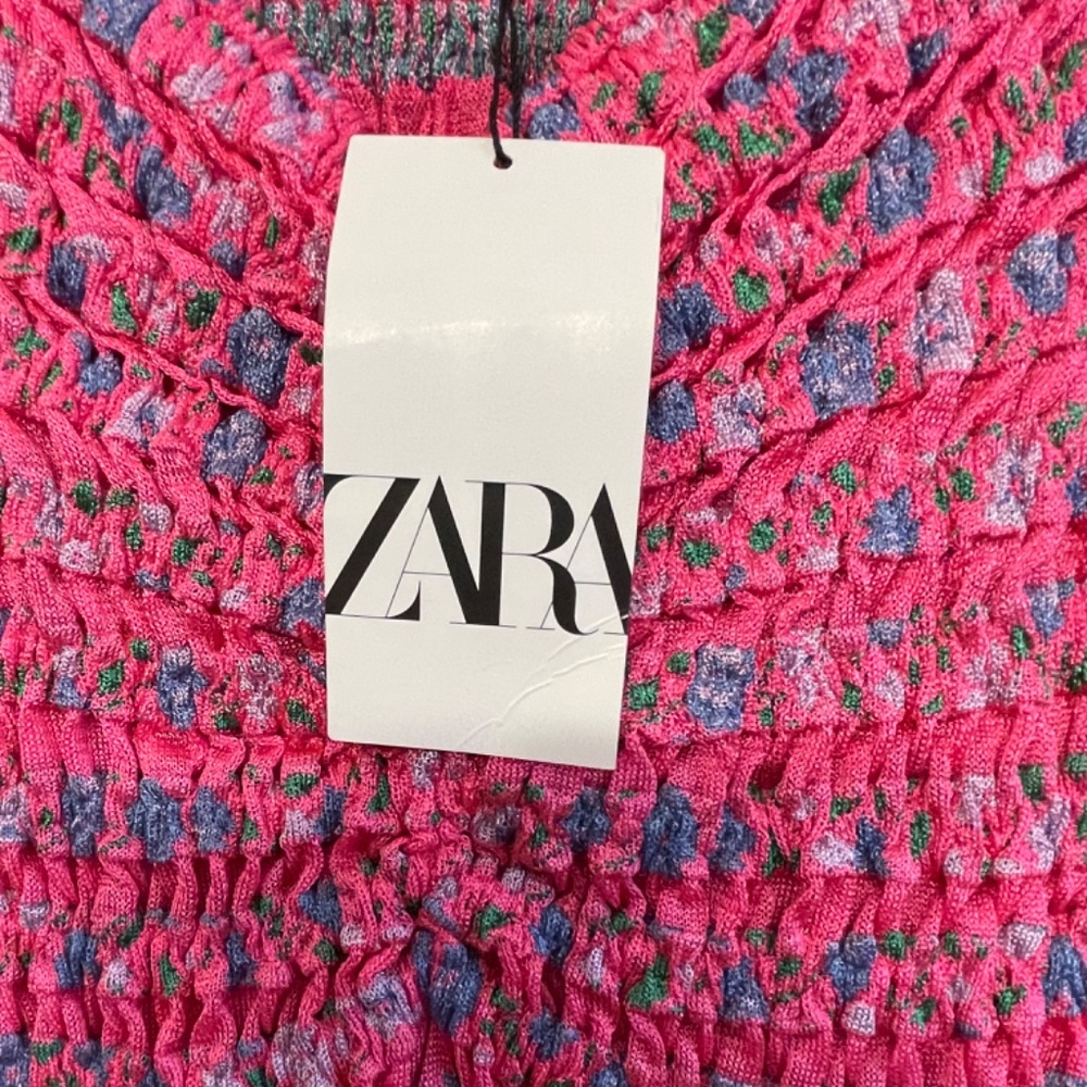 NWT  ZARA Hot  Pink Floral Smocked  Stretch Off Shoulder   Mini Dress Size L - Picture 7 of 13